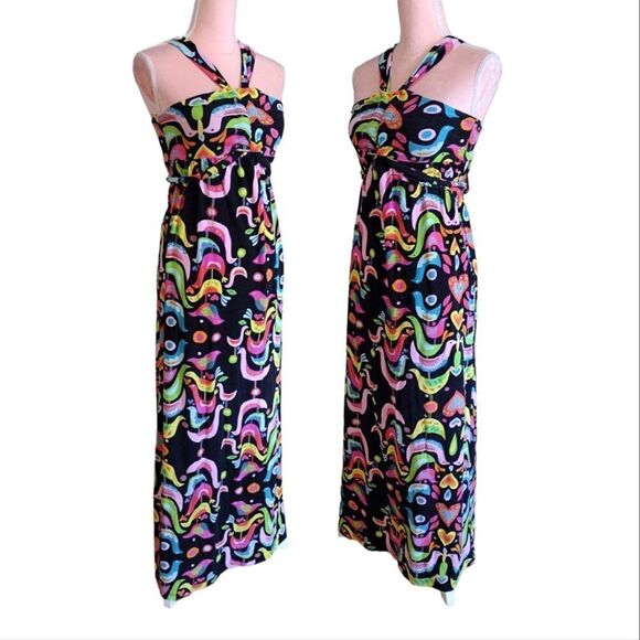 VTG 90s Black Colorful Birds Folk Art Print Sleeveless Halter Maxi Dress Small - Picture 8 of 17